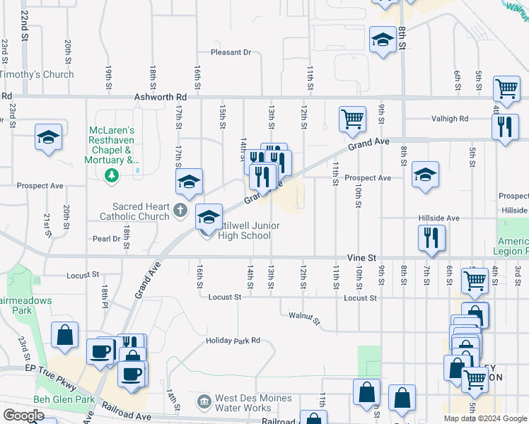 map of restaurants, bars, coffee shops, grocery stores, and more near 1306 Grand Avenue in West Des Moines