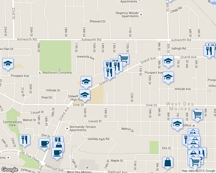 map of restaurants, bars, coffee shops, grocery stores, and more near 1306 Grand Avenue in West Des Moines