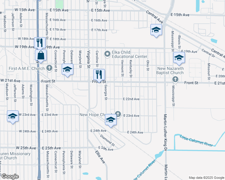 map of restaurants, bars, coffee shops, grocery stores, and more near 2136 Rhode Island Street in Gary