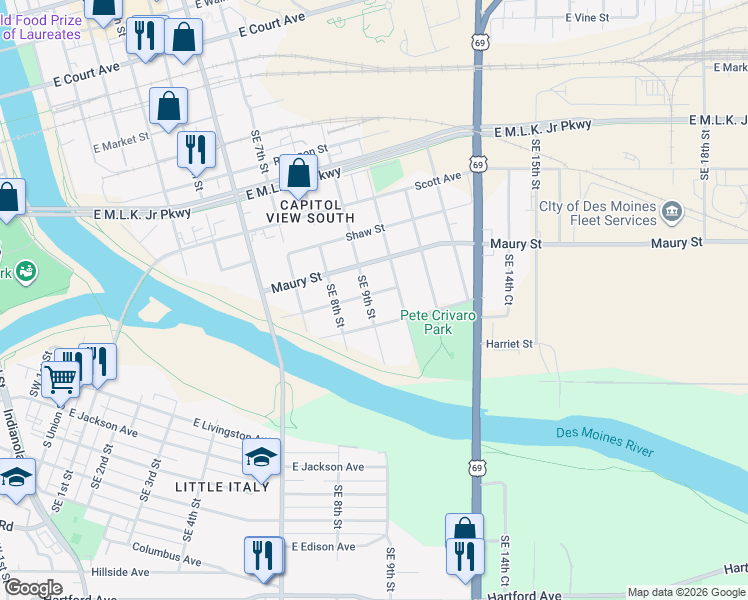 map of restaurants, bars, coffee shops, grocery stores, and more near 819 Southeast 9th Street in Des Moines