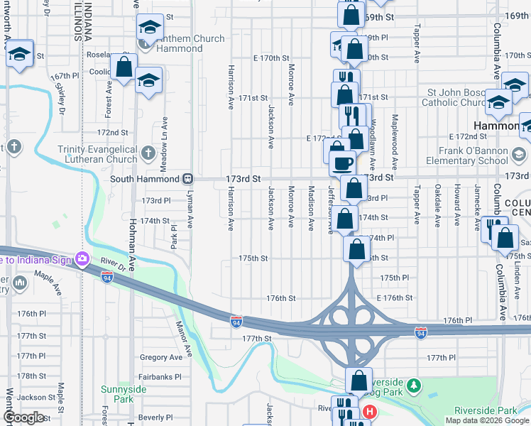 map of restaurants, bars, coffee shops, grocery stores, and more near 7327 Van Buren Avenue in Hammond
