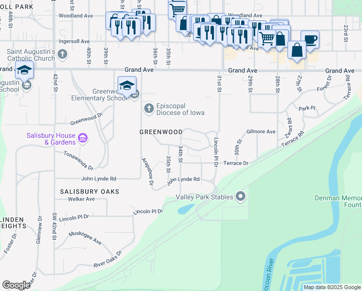 map of restaurants, bars, coffee shops, grocery stores, and more near 137 34th Street in Des Moines