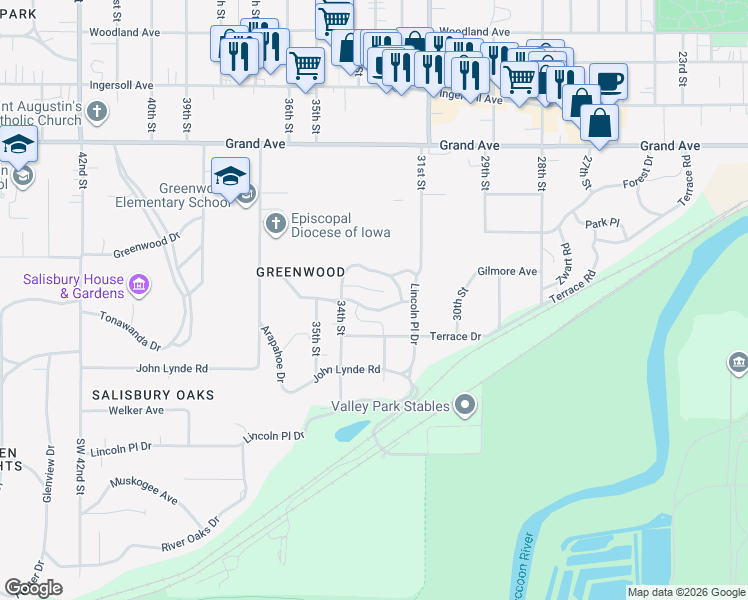 map of restaurants, bars, coffee shops, grocery stores, and more near 3200 Elmwood Drive in Des Moines