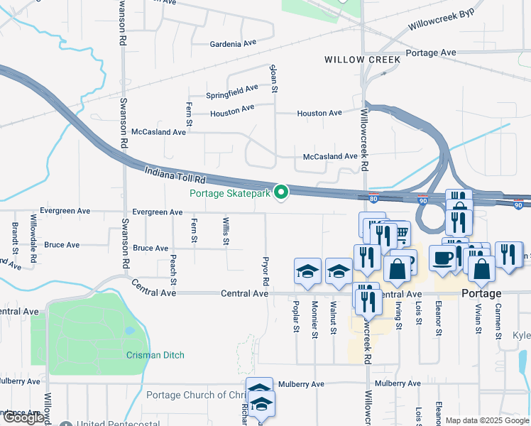 map of restaurants, bars, coffee shops, grocery stores, and more near 5855 Evergreen Avenue in Portage