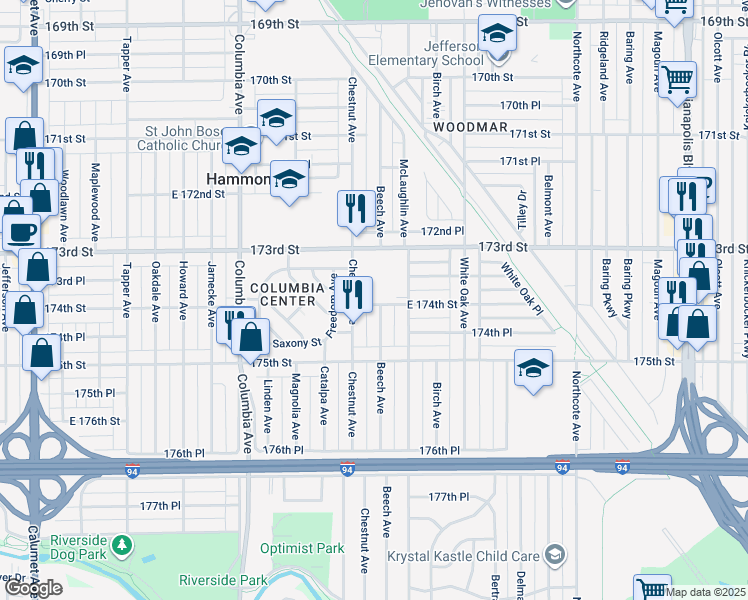 map of restaurants, bars, coffee shops, grocery stores, and more near 7350 Beech Avenue in Hammond