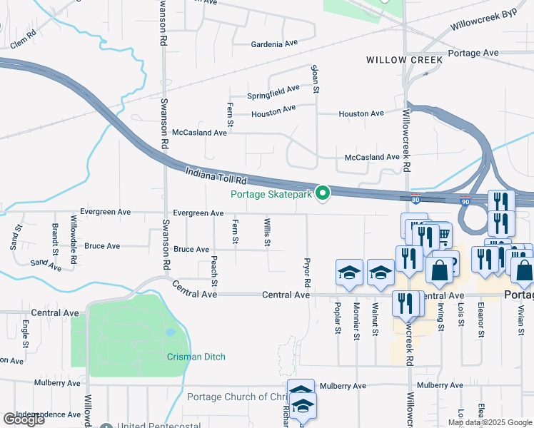 map of restaurants, bars, coffee shops, grocery stores, and more near 2500 Willis Street in Portage