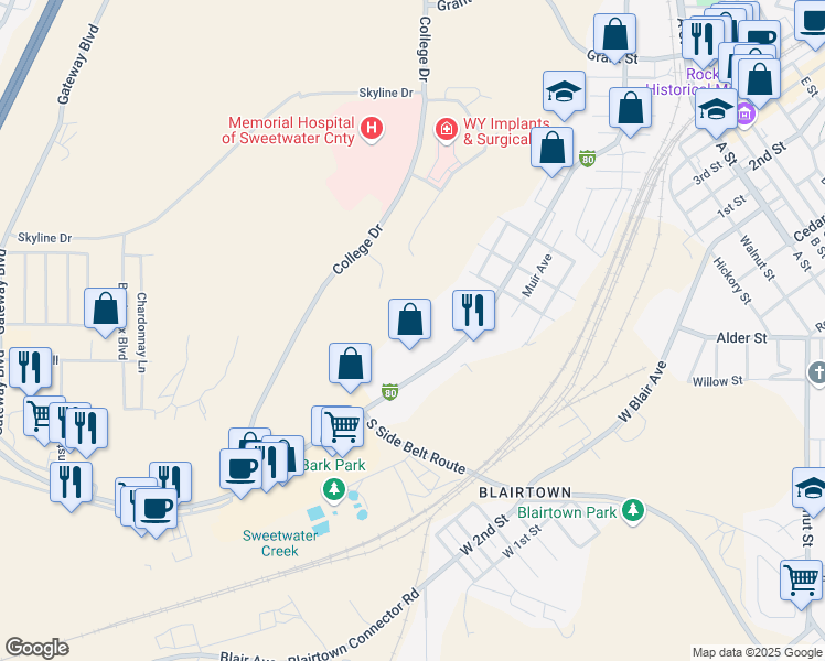 map of restaurants, bars, coffee shops, grocery stores, and more near 1164 Dewar Drive in Rock Springs
