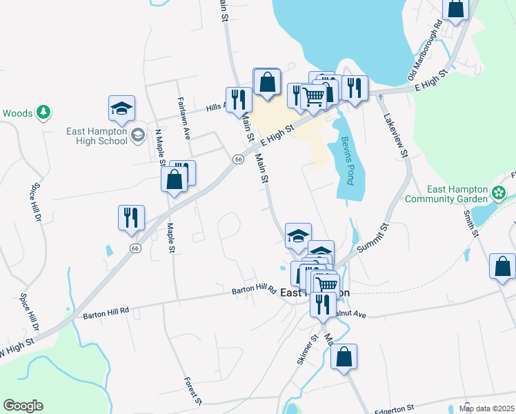 map of restaurants, bars, coffee shops, grocery stores, and more near 22 Main Street in East Hampton