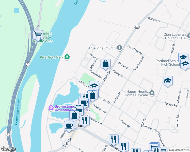 map of restaurants, bars, coffee shops, grocery stores, and more near 5 Russell Avenue in Portland
