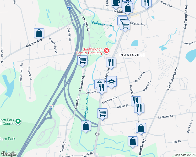 map of restaurants, bars, coffee shops, grocery stores, and more near 1000 South Main Street in Meriden