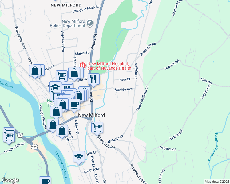 map of restaurants, bars, coffee shops, grocery stores, and more near 22 Brookside Avenue in New Milford