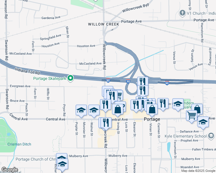 map of restaurants, bars, coffee shops, grocery stores, and more near 2479-2499 Willowcreek Rd in Portage