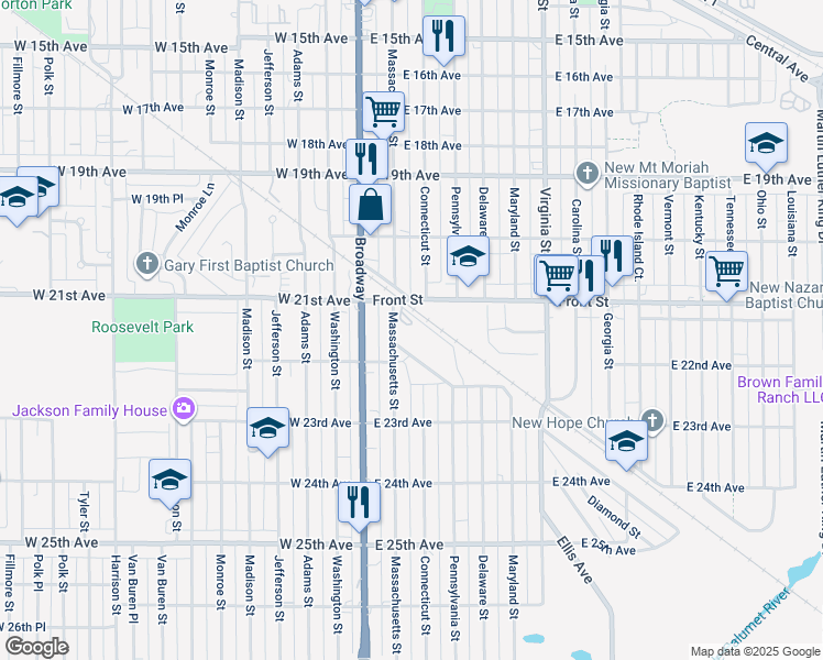 map of restaurants, bars, coffee shops, grocery stores, and more near 2144 Front Street in Gary