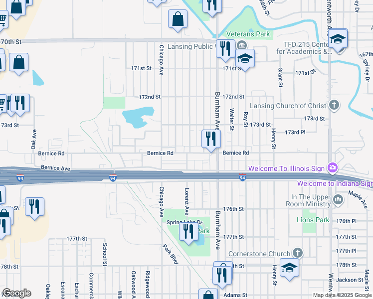 map of restaurants, bars, coffee shops, grocery stores, and more near 17337 Lorenz Avenue in Lansing