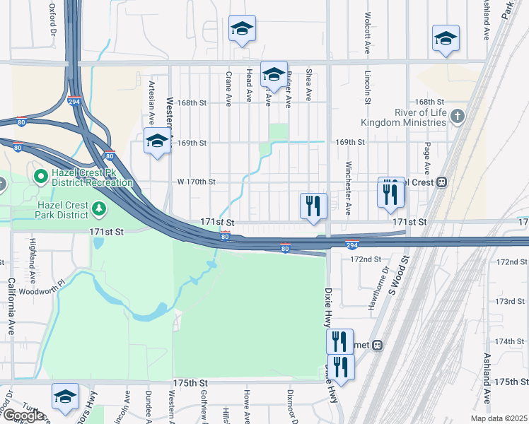 map of restaurants, bars, coffee shops, grocery stores, and more near 17043 Trapet Avenue in Hazel Crest