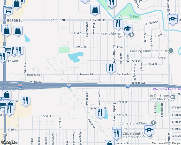 map of restaurants, bars, coffee shops, grocery stores, and more near 3010 Bernice Road in Lansing
