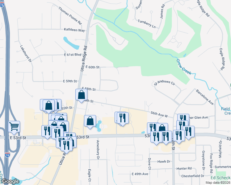 map of restaurants, bars, coffee shops, grocery stores, and more near 4234 E 58th St in Davenport