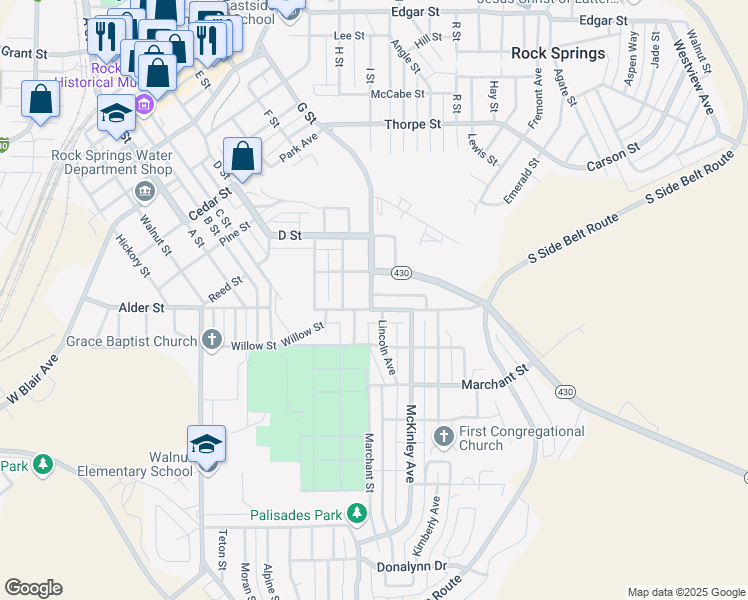 map of restaurants, bars, coffee shops, grocery stores, and more near 1002 Vermont Street in Rock Springs