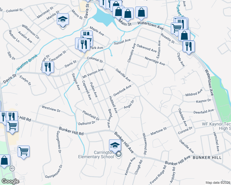map of restaurants, bars, coffee shops, grocery stores, and more near 70 Overlook Avenue in Waterbury