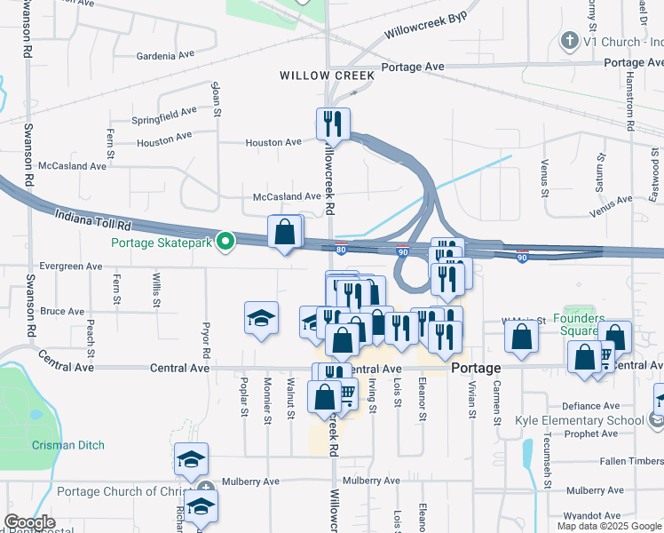 map of restaurants, bars, coffee shops, grocery stores, and more near 2499 Willowcreek Road in Portage