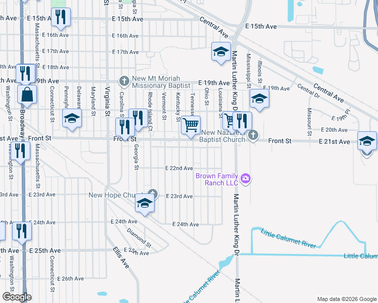 map of restaurants, bars, coffee shops, grocery stores, and more near 2120 Tennessee St in Gary