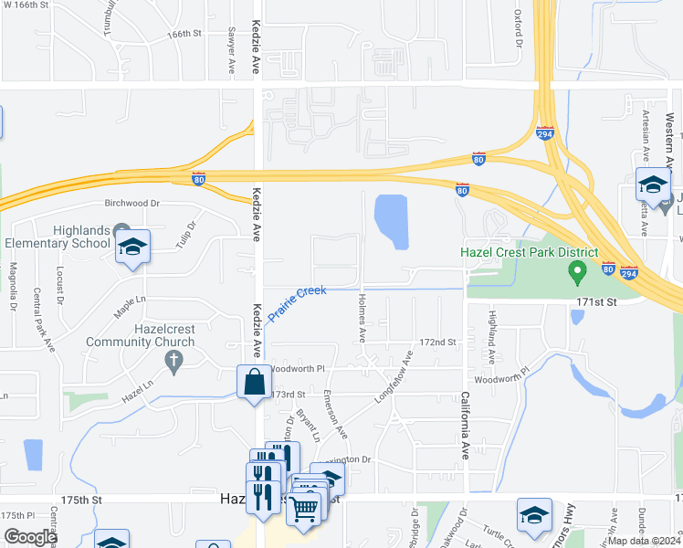 map of restaurants, bars, coffee shops, grocery stores, and more near 3010 171st Street in Hazel Crest