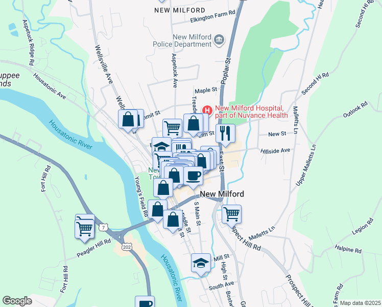 map of restaurants, bars, coffee shops, grocery stores, and more near 36 Main Street in New Milford
