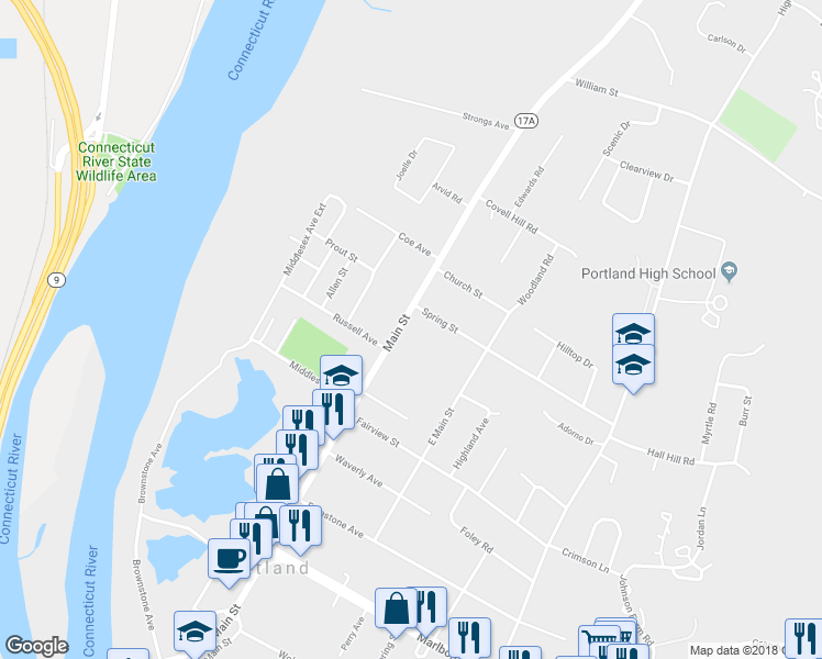 map of restaurants, bars, coffee shops, grocery stores, and more near 345 Main Street in Portland