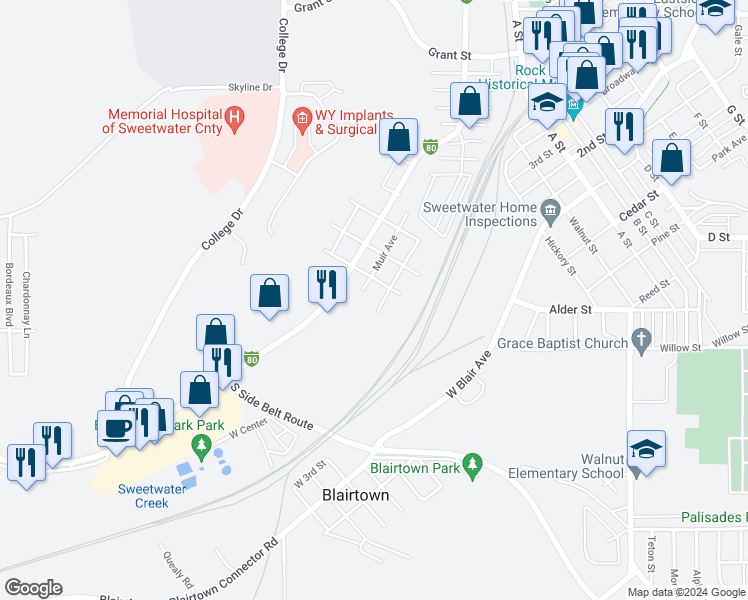 map of restaurants, bars, coffee shops, grocery stores, and more near 920 McCarty Avenue in Rock Springs