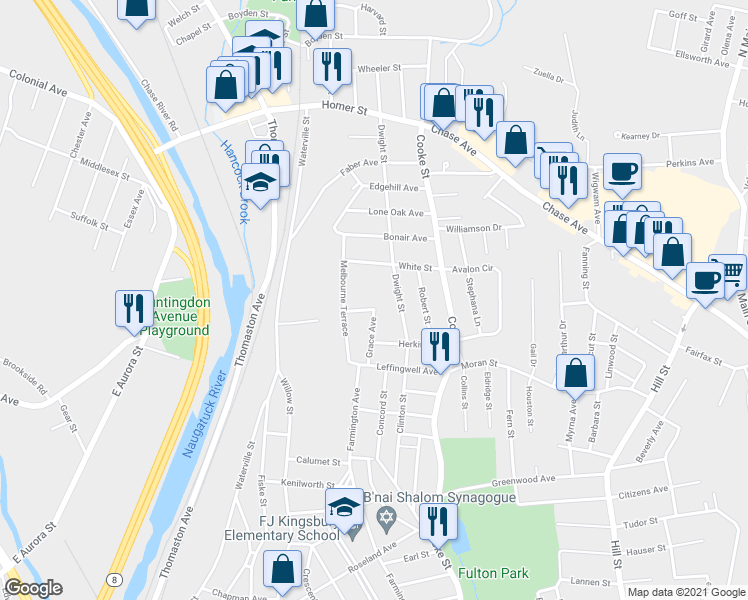 map of restaurants, bars, coffee shops, grocery stores, and more near 67 Dwight Street in Waterbury