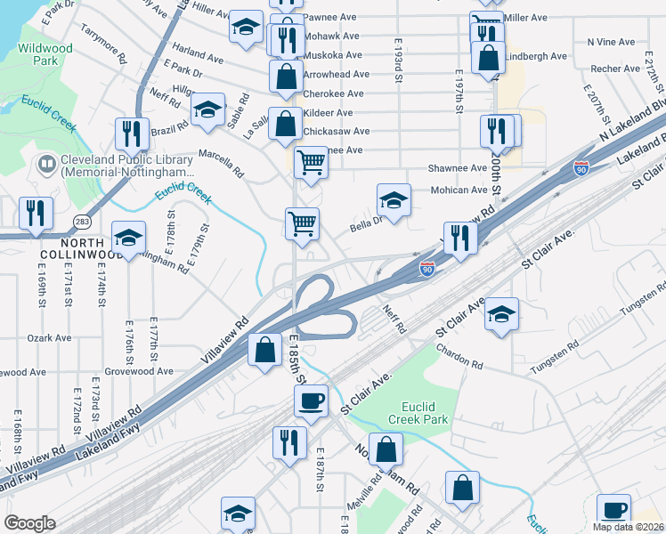 map of restaurants, bars, coffee shops, grocery stores, and more near 18814 Neff Road in Cleveland