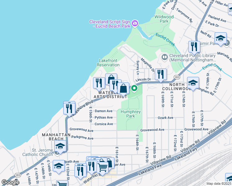 map of restaurants, bars, coffee shops, grocery stores, and more near 16025 Lakeshore Boulevard in Cleveland