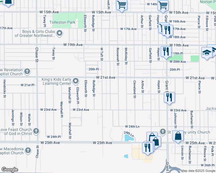map of restaurants, bars, coffee shops, grocery stores, and more near 2131 Roosevelt Pl in Gary