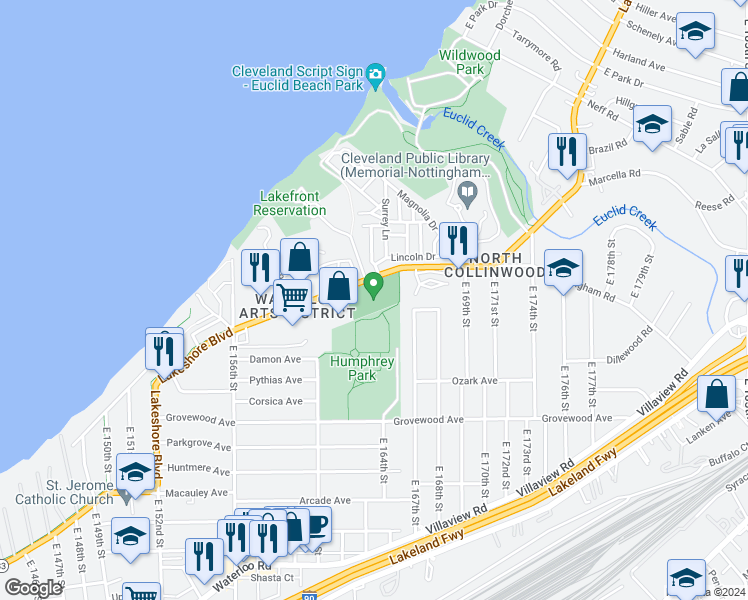 map of restaurants, bars, coffee shops, grocery stores, and more near 16300 Lakeshore Boulevard in Cleveland