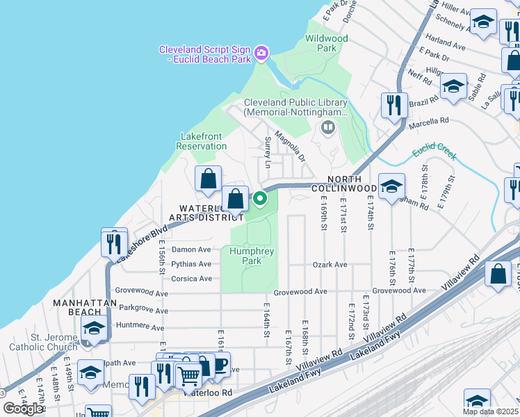 map of restaurants, bars, coffee shops, grocery stores, and more near 16300 Lakeshore Boulevard in Cleveland