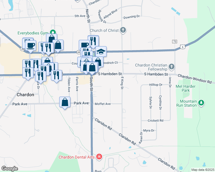 map of restaurants, bars, coffee shops, grocery stores, and more near 126 Carson Drive in Chardon
