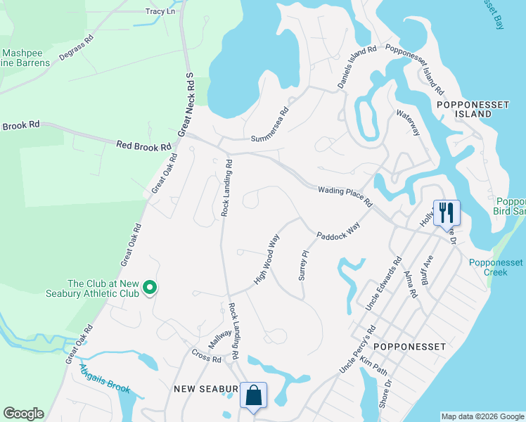 map of restaurants, bars, coffee shops, grocery stores, and more near 134 Paddock Circle in Mashpee