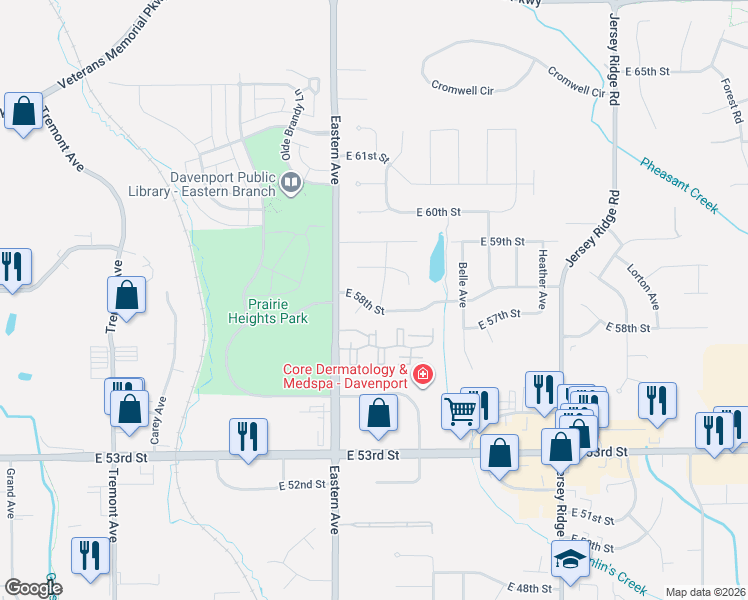 map of restaurants, bars, coffee shops, grocery stores, and more near 5802 Indigo Avenue in Davenport