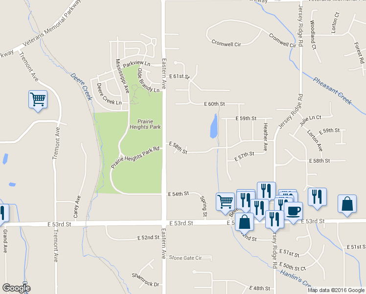map of restaurants, bars, coffee shops, grocery stores, and more near 5802 Indigo Avenue in Davenport