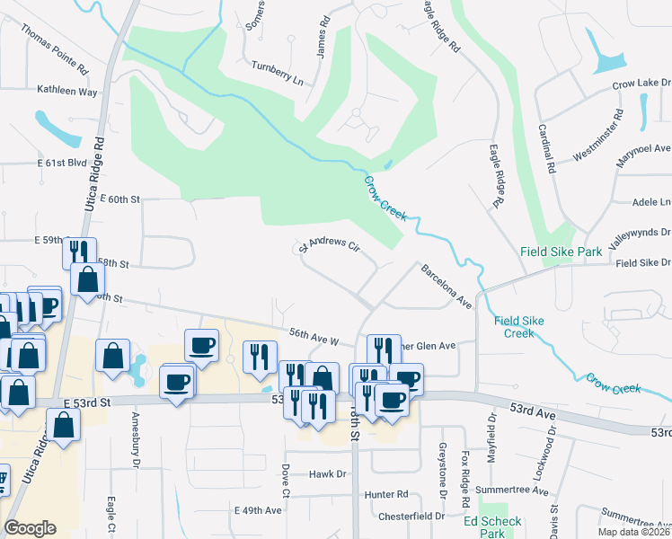 map of restaurants, bars, coffee shops, grocery stores, and more near 2151 Andrew Ct in Bettendorf
