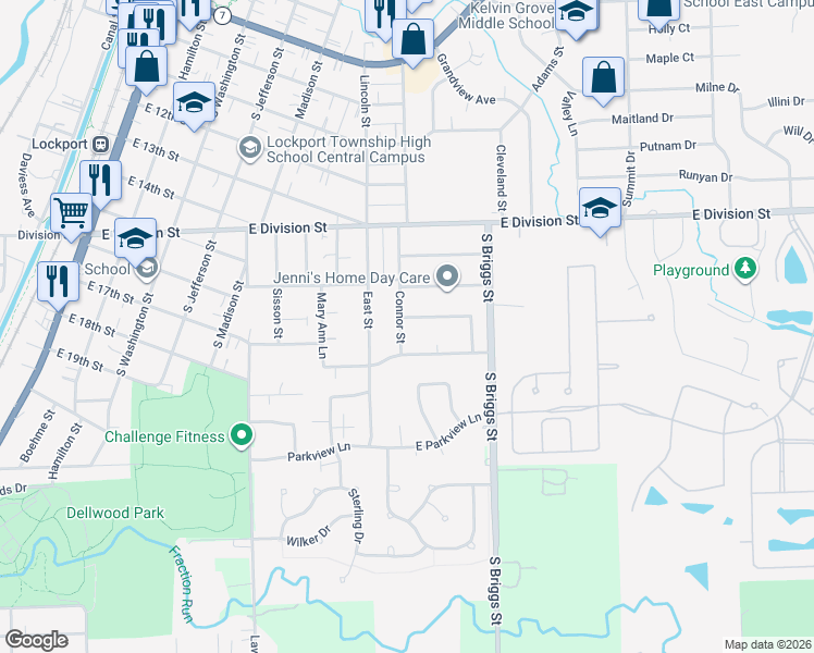 map of restaurants, bars, coffee shops, grocery stores, and more near 1625 Connor Street in Lockport