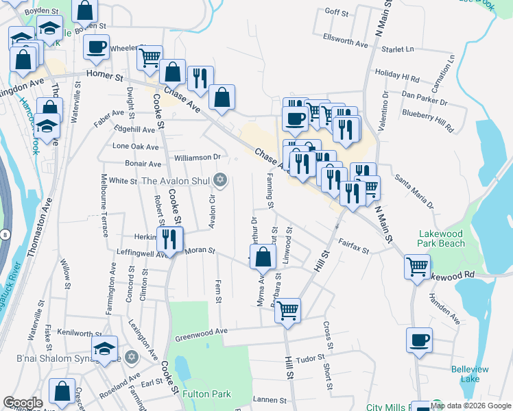 map of restaurants, bars, coffee shops, grocery stores, and more near 106 Macarthur Drive in Waterbury