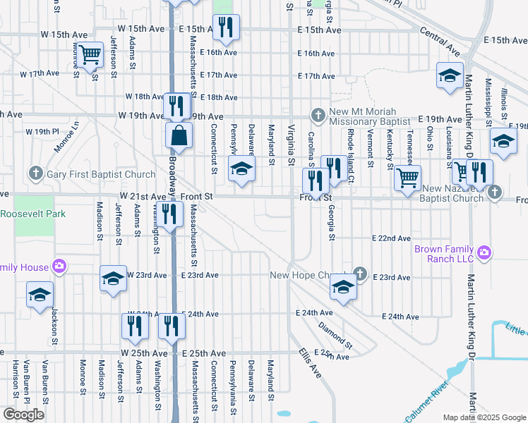 map of restaurants, bars, coffee shops, grocery stores, and more near 2144 Front Street in Gary
