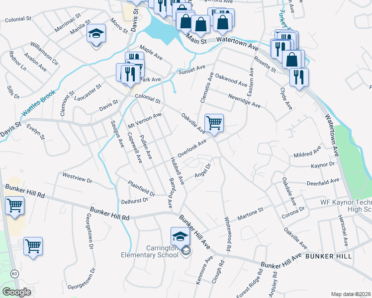 map of restaurants, bars, coffee shops, grocery stores, and more near 70 Overlook Avenue in Waterbury