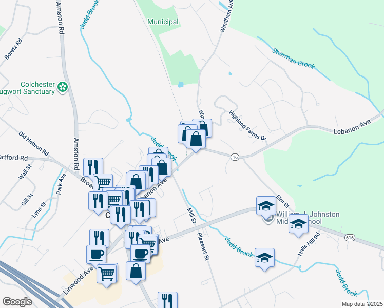 map of restaurants, bars, coffee shops, grocery stores, and more near 187 Lebanon Avenue in Colchester