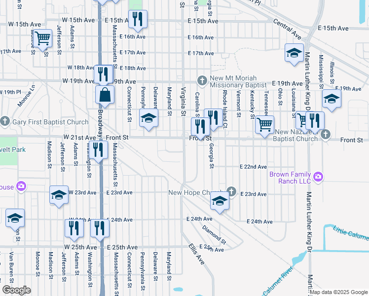 map of restaurants, bars, coffee shops, grocery stores, and more near 2100 Virginia Street in Gary