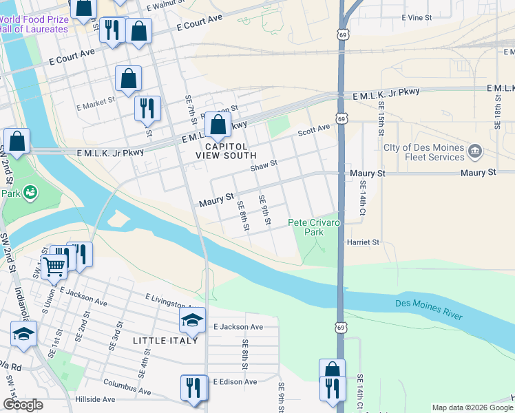 map of restaurants, bars, coffee shops, grocery stores, and more near 819 Southeast 9th Street in Des Moines