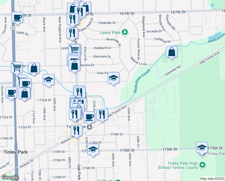 map of restaurants, bars, coffee shops, grocery stores, and more near 6601 West 171st Street in Tinley Park