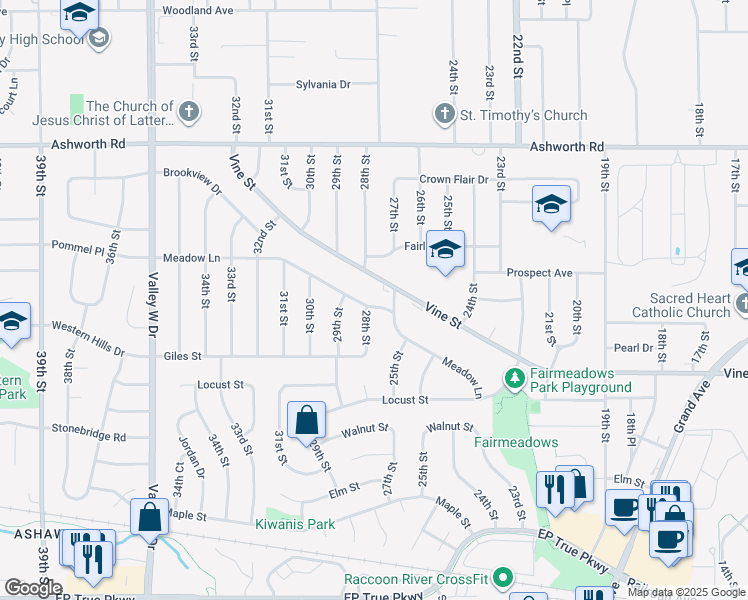 map of restaurants, bars, coffee shops, grocery stores, and more near 2805 Meadow Lane in West Des Moines