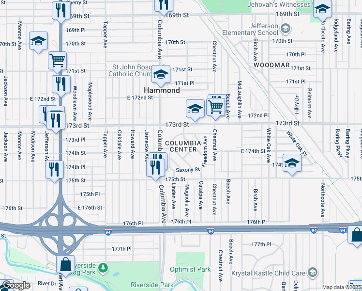 map of restaurants, bars, coffee shops, grocery stores, and more near 7325 Linden Place in Hammond